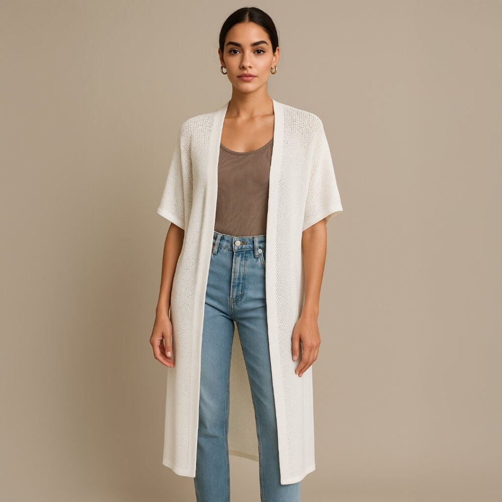A055 • White Open-Knit Midi Duster Cardigan